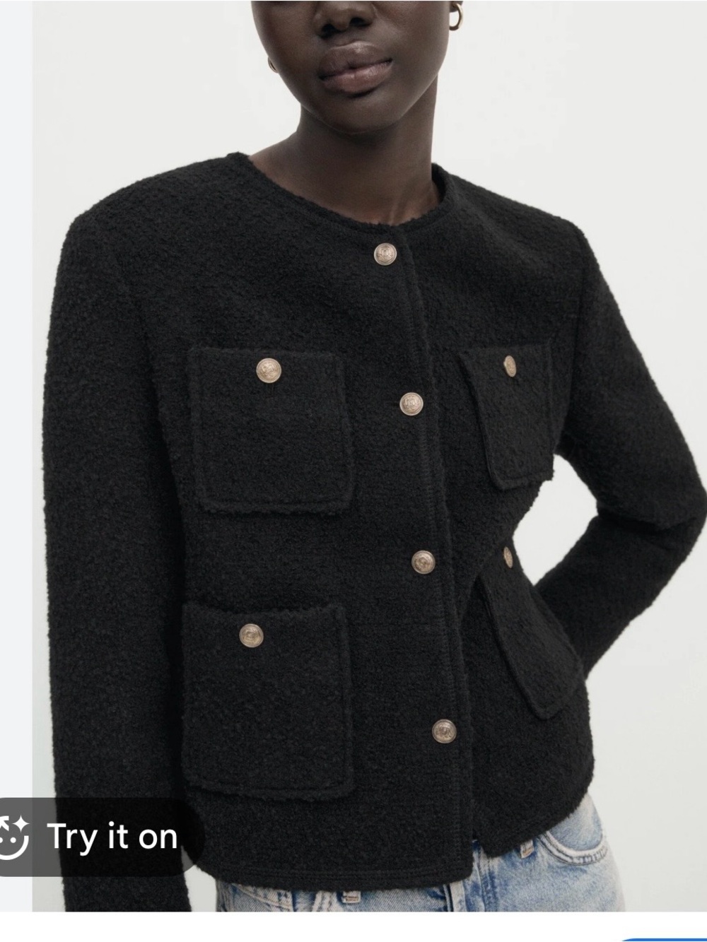 Massimo Dutti Black Textured Cropped Jacket with 4 Pockets M